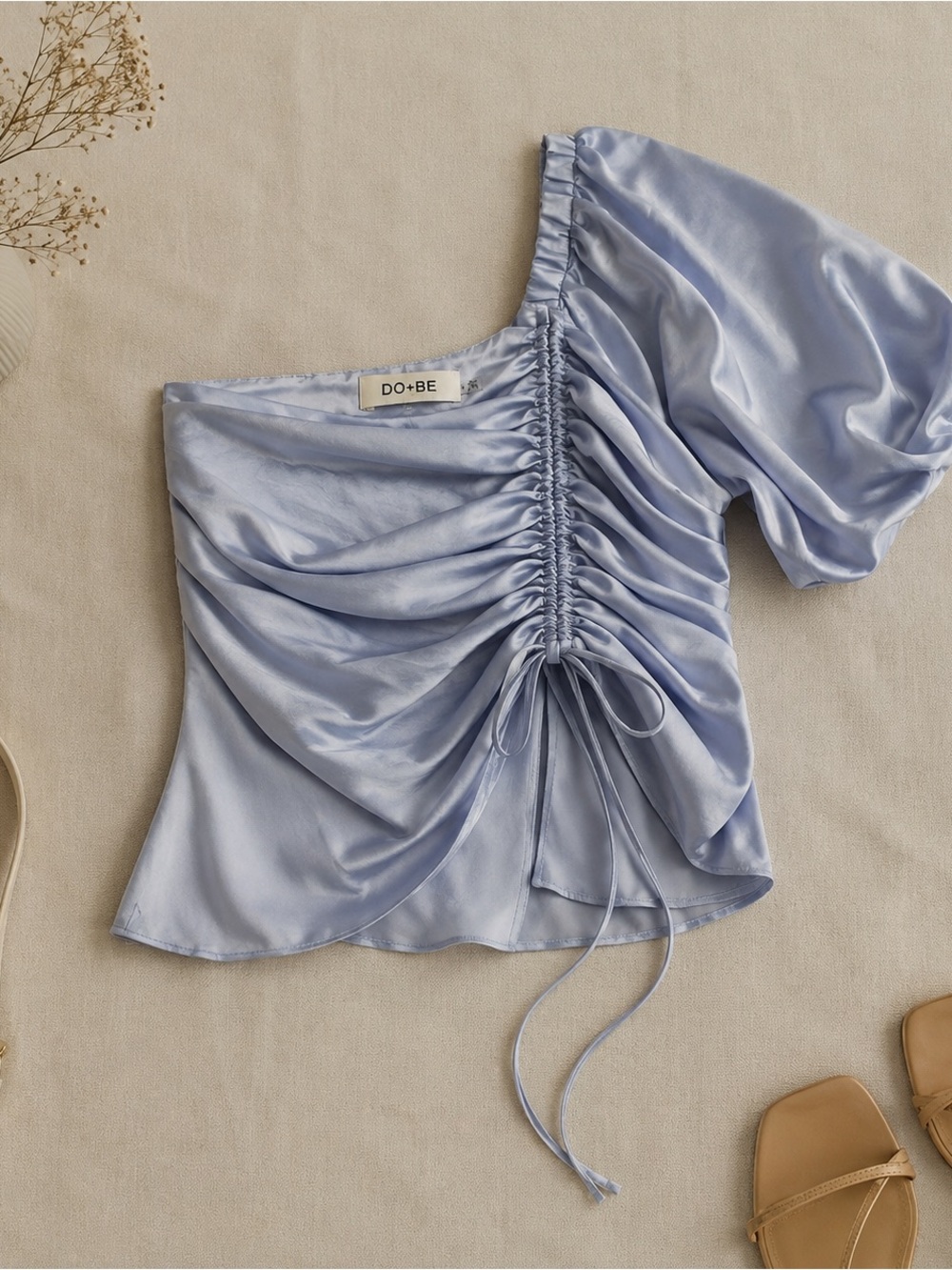 DO+BE Lavender Satin One Shoulder Ruched Puff Sleeve Going Out Top S